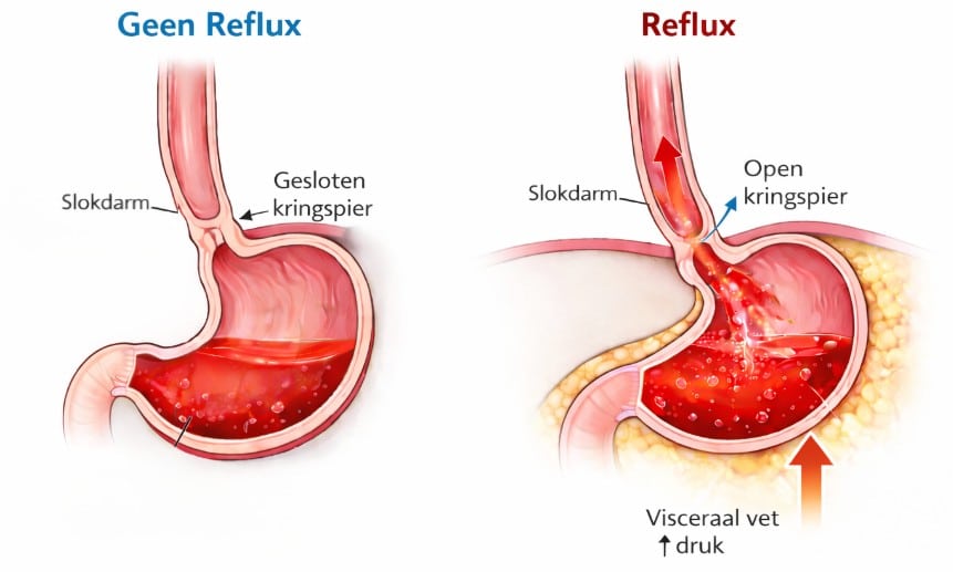infographic die laat zien hoe brandend maagzuur tot stand komt als de maagkringspier blijft open staan.